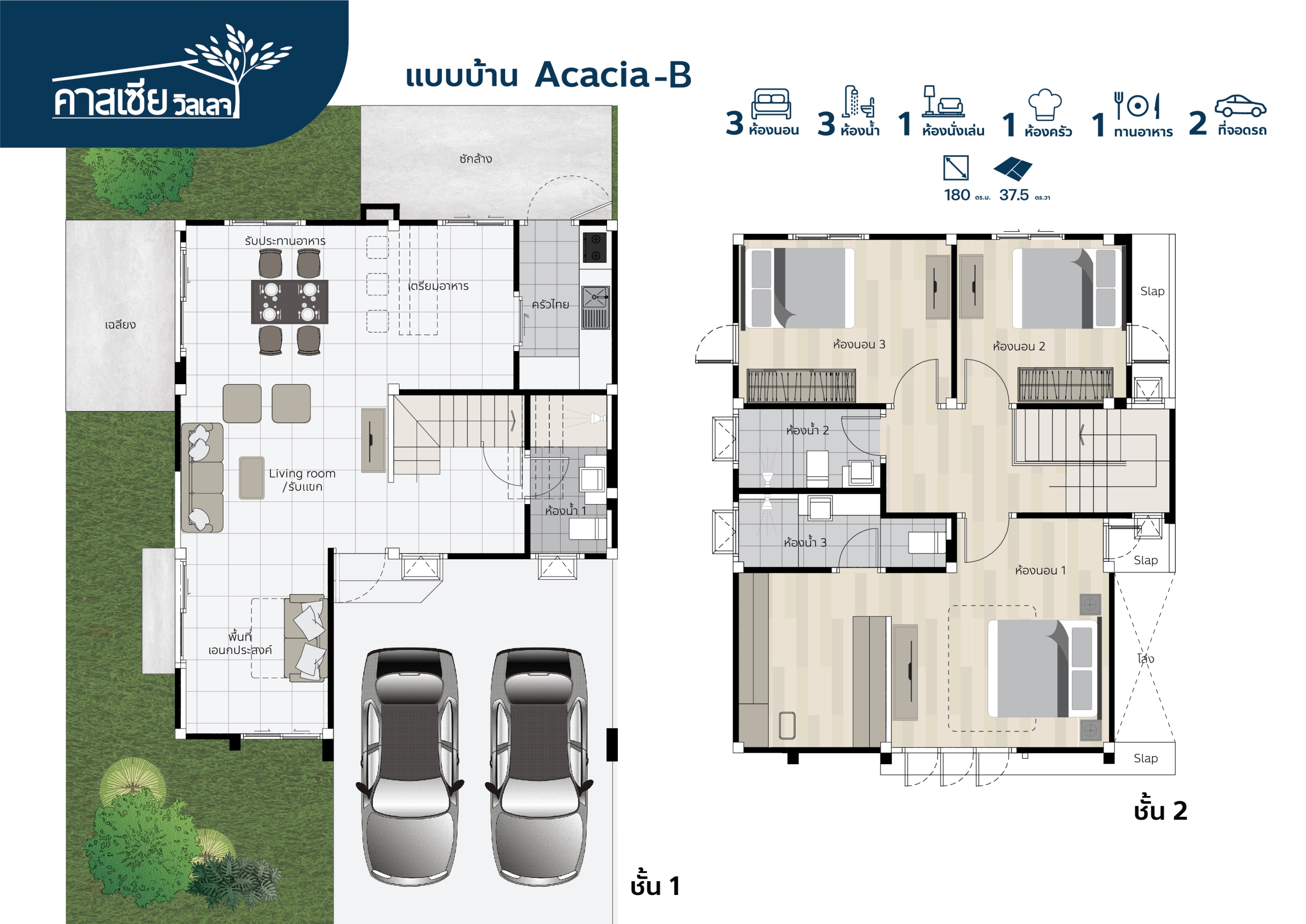 แปลน Acacia B (แบบบ้านแฝดอิสระ 2 ชั้น)